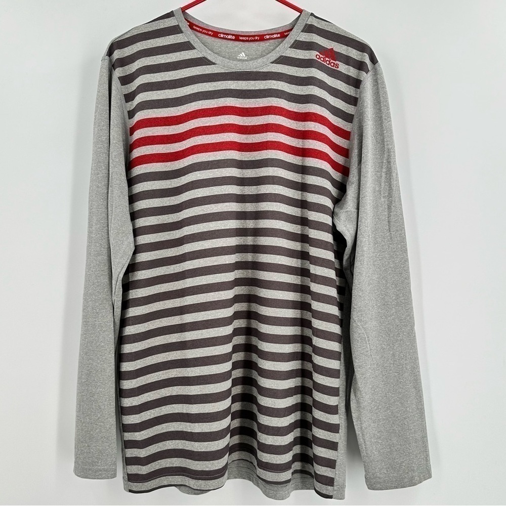 Adidas Climate Gray w/Red & Dark Gray Stripes on Front Long Sleeve Tee Sz Large
